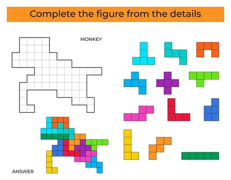 Complete the figure. Puzzle game with monkey. Stock Illustration