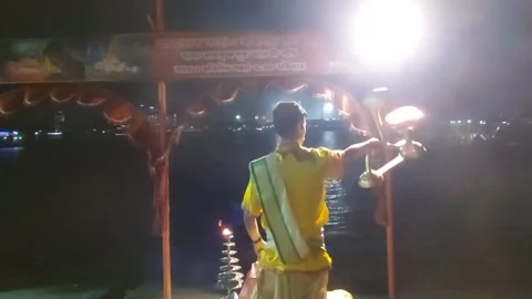Complete the  Ganges aroti or Ganges worship Video stock 173796335