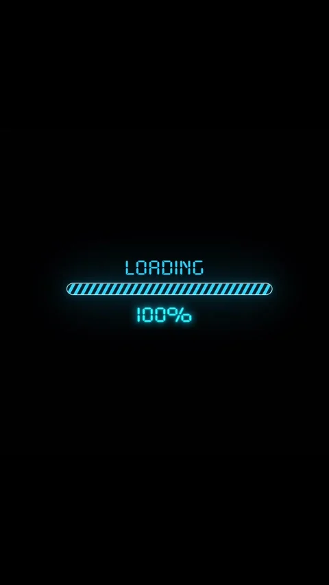 Complete loading progress bar cyan digital text, full striped status line, and b Stock Footage 340556916