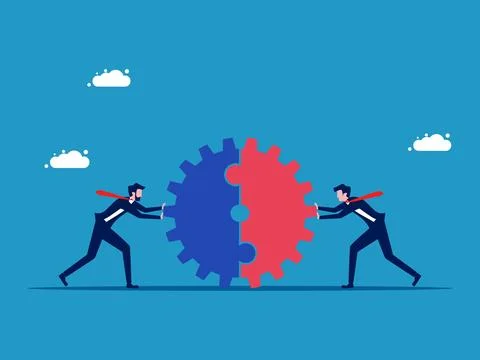 Complete merger. Two businessmen pushing a cogwheel together Stock Illustration