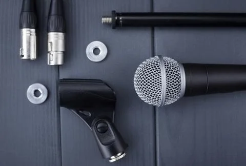 Complete microphone kit with dynamic microphone with black capsule, mic fixin Stock Photos