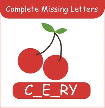 Complete Missing Letters Cherry Vector. Kid training Stock Illustration