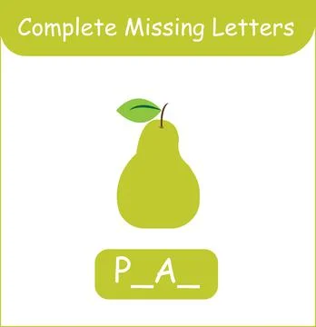 Complete missing letters pear vector. Kid training Stock Illustration