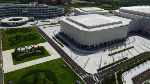 Complete panoramic view of Weihai Olympic sports complex with Olympic rings Stock Footage 318526846