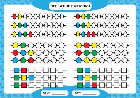 Complete repeating patterns. Worksheet for preschool kids. Practicing motor Illustrazione stock