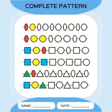 Complete repeating patterns. Worksheet for preschool kids. Practicing motor Stock Illustration