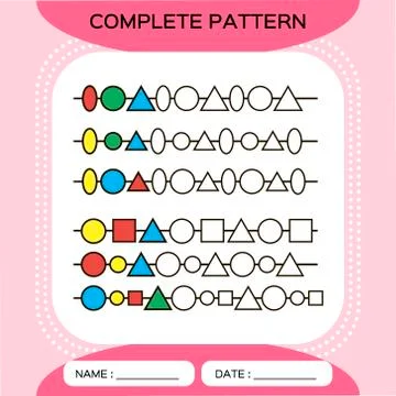 Complete repeating patterns. Worksheet for preschool kids. Practicing motor Stock Illustration