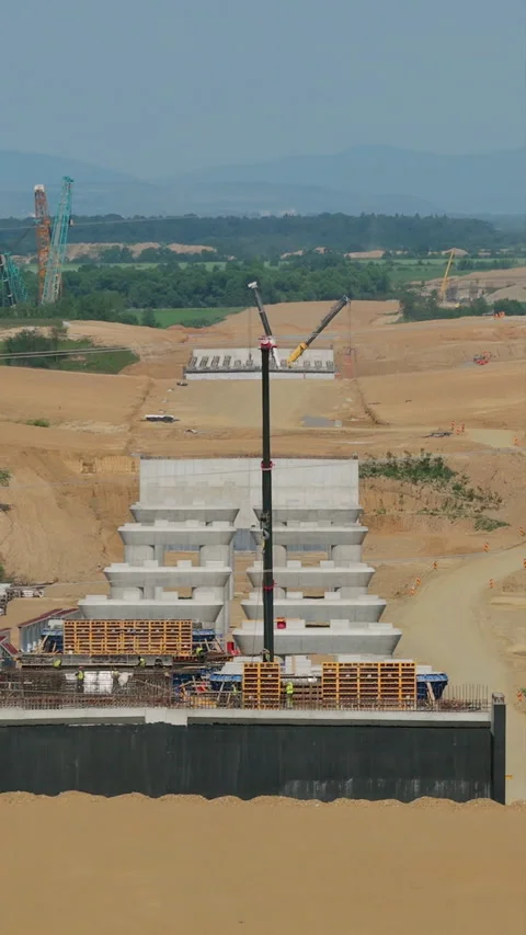 Complete Row Of Concrete Viaduct Pillars And Working Scaffolding On A Busy .. Stock Footage 338185186