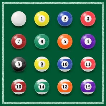 Complete set of billiard balls on a green background Stock Illustration