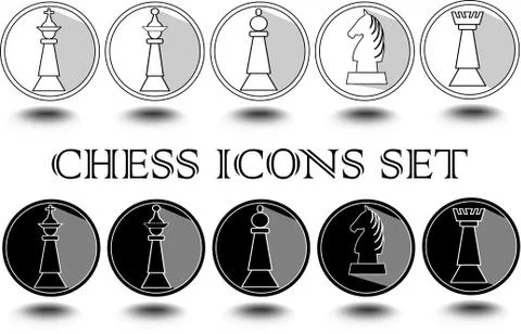Complete set of black and white chess pieces in circle icons, king, queen, ro Stock Illustration