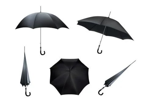 Complete set of black umbrellas, isolated on white background Stock Illustration