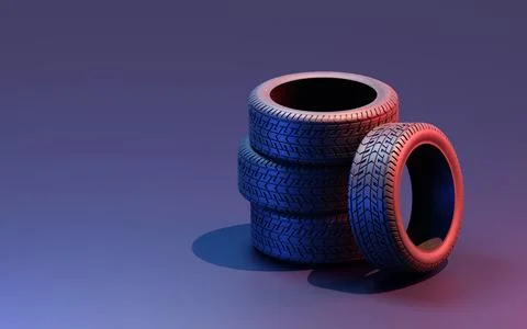 Complete set of car tires, 3d render Stock Photos
