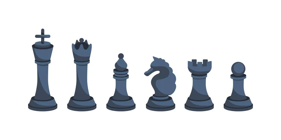 Complete set of dark gray chess pieces standing on white background Illustrazione stock