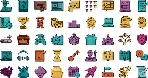 Complete Set Education Gamification Business Icons Grid Stock Illustration