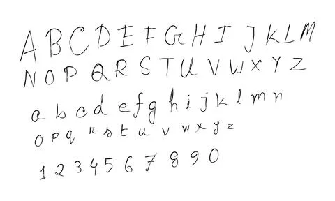 Complete set of hand-drawn letters and numbers featuring a whimsical, informa 스톡 일러스트