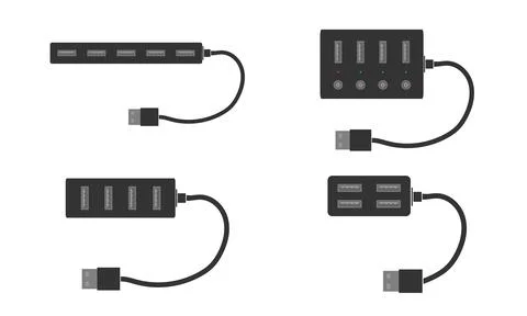 A complete set of modern USB splitters with ports and cable. USB hub for your Stock Illustration