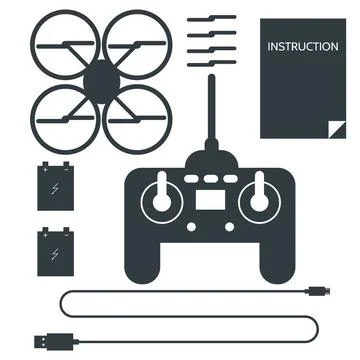 Complete set for quadrocopter. Flat icons vector collection. Set of gray f... 스톡 사진