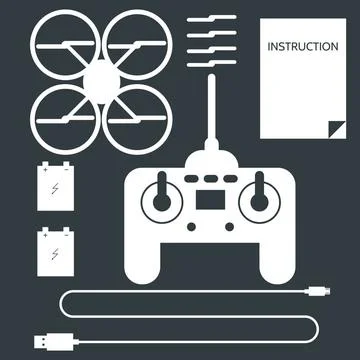 Complete set for quadrocopter. Flat icons vector collection. Set of white ... 写真素材