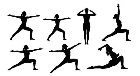 Complete Set of Yoga Warrior Poses Silhouettes Stock Illustration