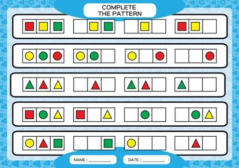 Complete simple repeating patterns. Worksheet for preschool kids. Practicing Stockillustratie