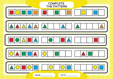 Complete simple repeating patterns. Worksheet for preschool kids. Practicing Stockillustratie