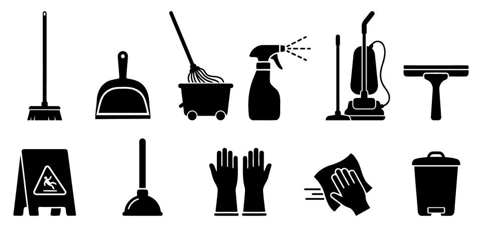 A complete vector set of professional cleaning equipment icons for domestic.. Stock Illustration
