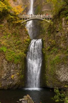 Complete view of both tiers of the Multnomah waterfall and the bridge between Stock Photos