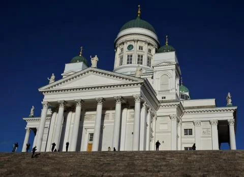 Complete view of Helsinki cathedral with steps and blue sky Stock Photos
