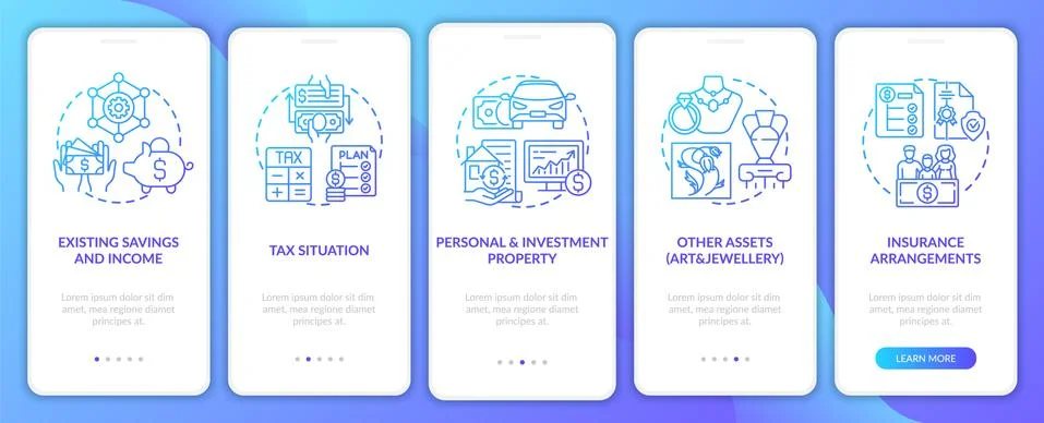 Complete wealth plan onboarding mobile app page screen with concepts 库存插图