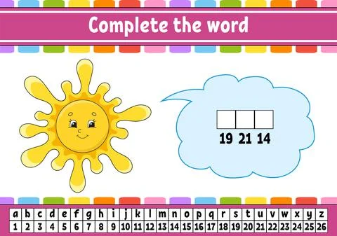 Complete the words. Cipher code. Learning vocabulary and numbers. Education w Stock Illustration
