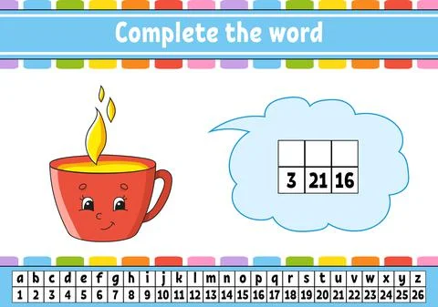Complete the words. Cipher code. Learning vocabulary and numbers. Education w Stock Illustration