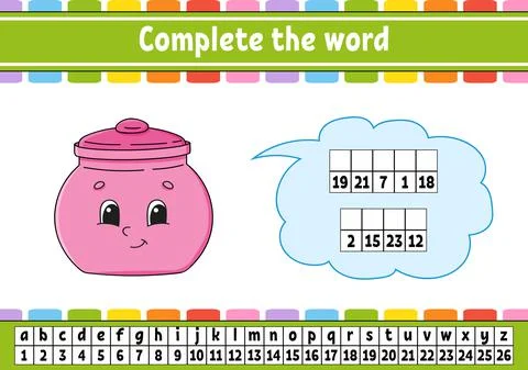 Complete the words. Cipher code. Learning vocabulary and numbers. Education w Stock Illustration