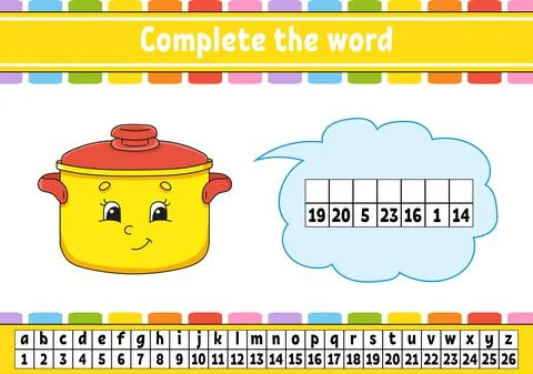 Complete the words. Cipher code. Learning vocabulary and numbers. Education w Stock Illustration