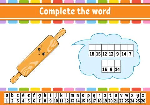 Complete the words. Cipher code. Learning vocabulary and numbers. Education w Stock Illustration