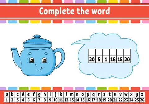 Complete the words. Cipher code. Learning vocabulary and numbers. Education w Stock Illustration