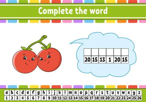 Complete the words. Cipher code. Learning vocabulary and numbers. Education w Stock Illustration