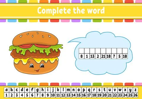 Complete the words. Cipher code. Learning vocabulary and numbers. Education w Stock Illustration