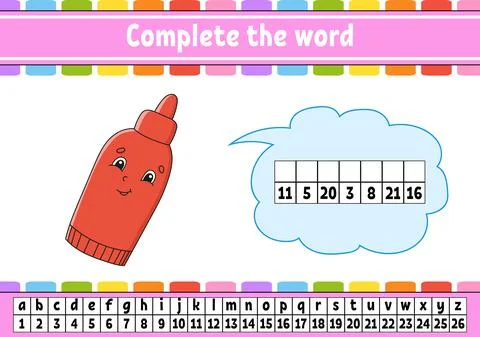 Complete the words. Cipher code. Learning vocabulary and numbers. Education w Stock Illustration