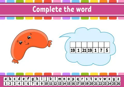 Complete the words. Cipher code. Learning vocabulary and numbers. Education w Stock Illustration