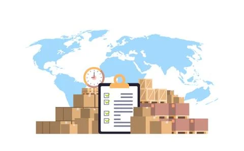Completed checklist clipboard parcel packages paper box blue world map Stock Illustration