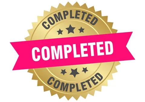 Completed. completed round pink and gold label isolated on transparent back.. Stock Illustration