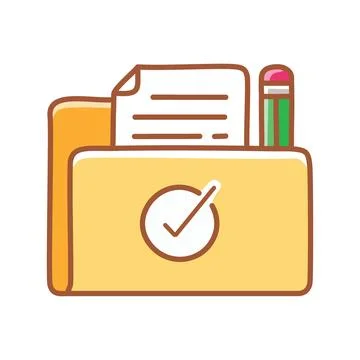 Completed folder icon. Yellow folder with a check mark, showing task comple.. Stock Illustration