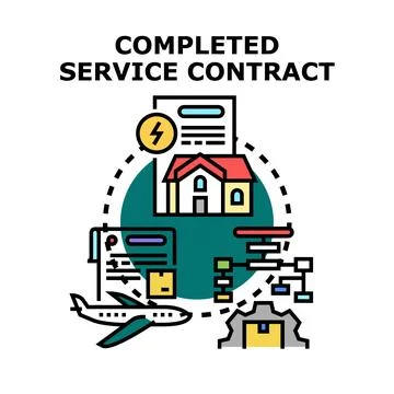 Completed service contract document with interconnected icons Stock Illustration