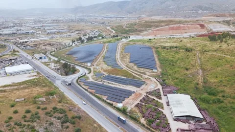 Completed Solar Farm with Mountain Backdrop in Attica Greece 库存影片 338164774