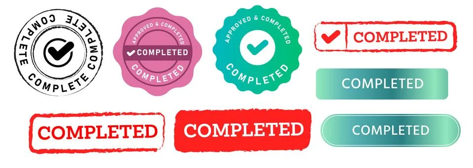 Completed stamp button seal emblem sign finished success accomplishment Stock Illustration