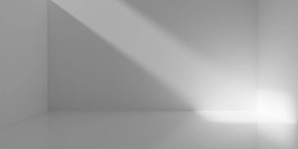 Completely empty blank white room background with sunlight beam shining in,.. Stock Illustration