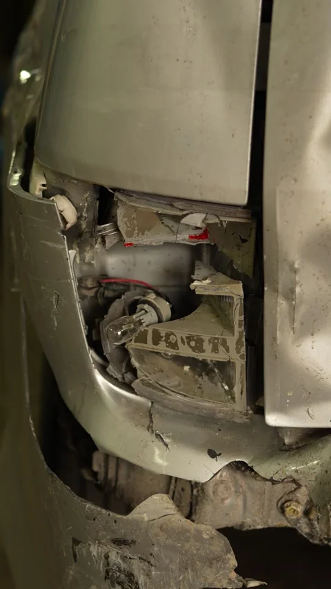 Completely smashed rear light exposing bulb on a silver car. Stock Footage 343888894