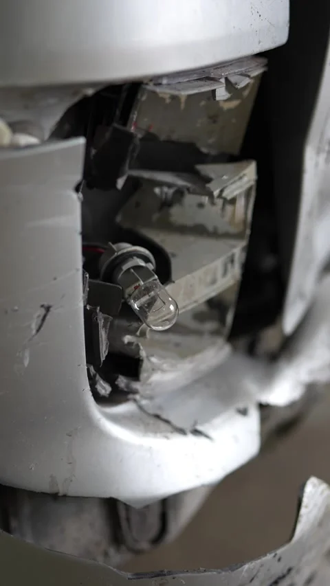 Completely smashed rear light exposing bulb on a silver car. Stock Footage 343889193