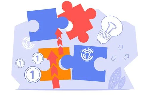 Completing business idea illustration, vector banner template isolated. Stock Illustration