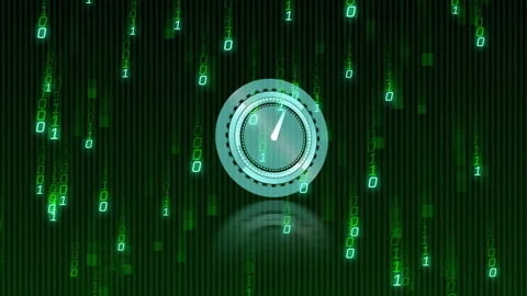 Completing teal arc, dial spinning inside rings and binary code falling for data Stock Footage 310660055